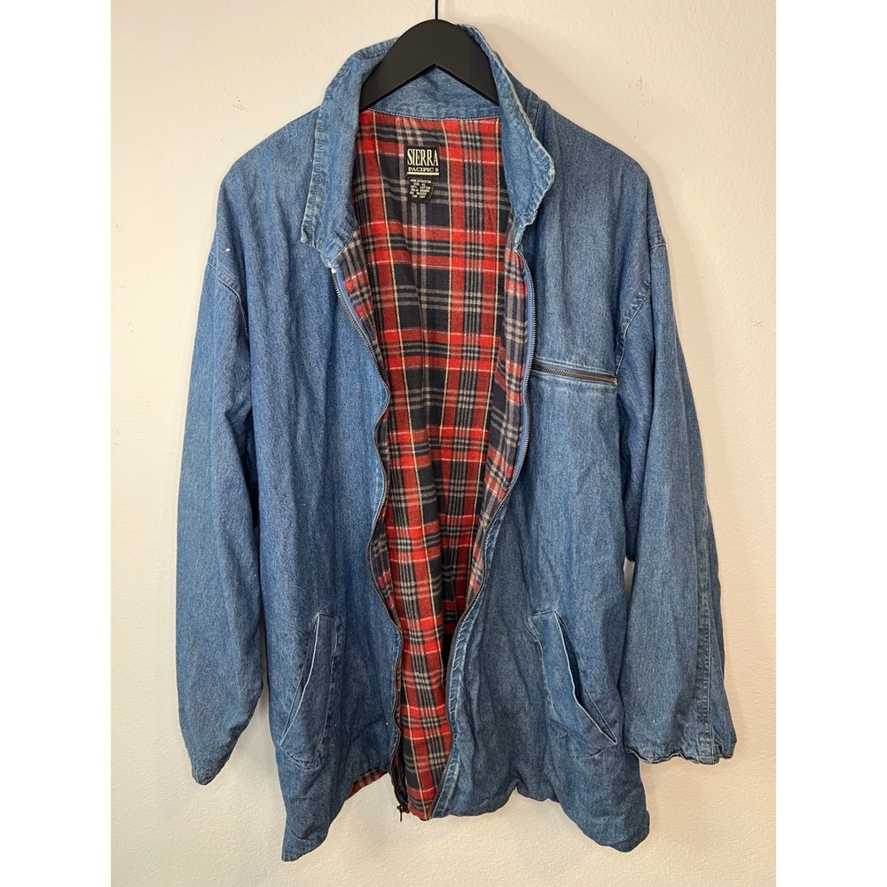 Sierra Pacific Mens Denim Jacket Plaid Flannel Lined Zip Up Blue XL
